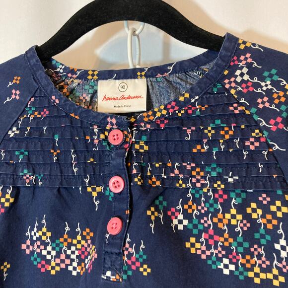 Hanna Andersson Cotton Dark Blue Geometric Floral Long Sleeve Button Shirt Top - Picture 3 of 7
